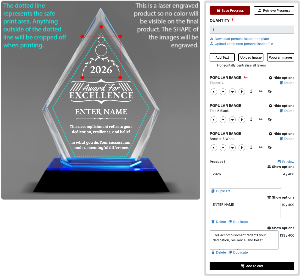 Crystal award — full design editor with text and images