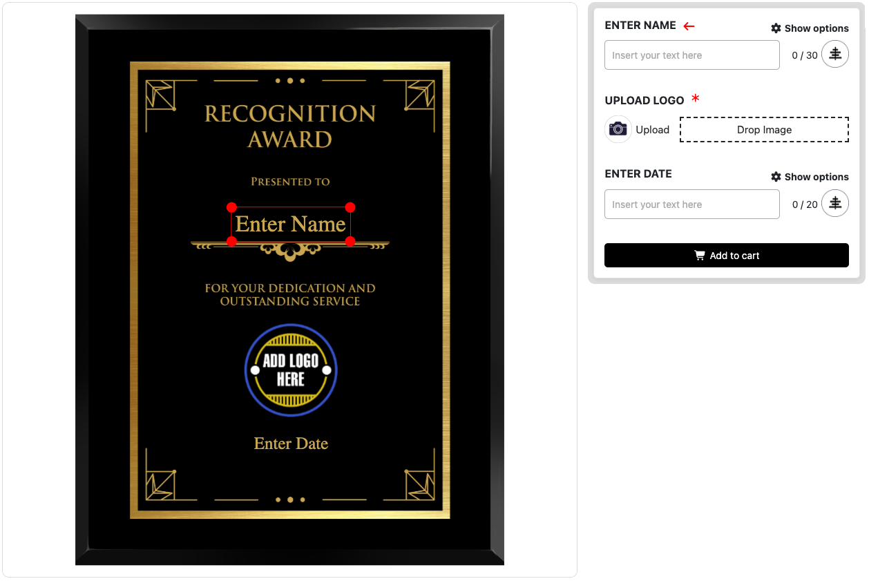 Plaque personalisation — name, logo upload and date