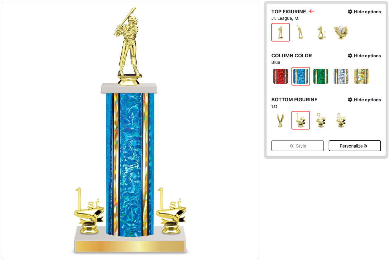 Trophy builder showing figurine, column colour and base personalisation options